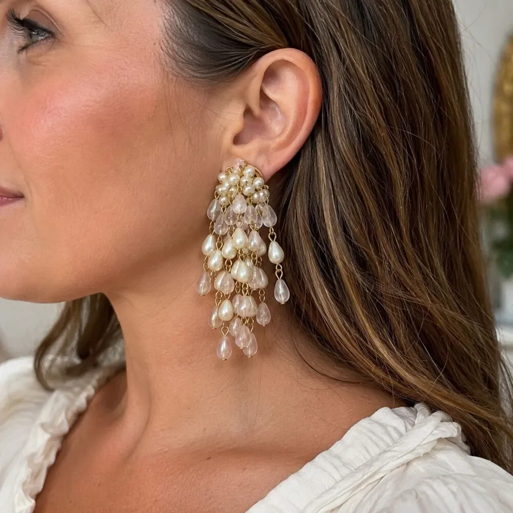 Vintage Faux Pearl Pink Bead Cascade Clip On Earrings, Cottagecore Jewelry